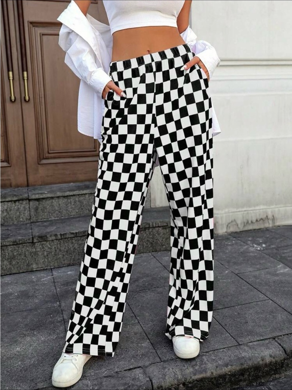 Black & White Check Wide-Leg Pants
